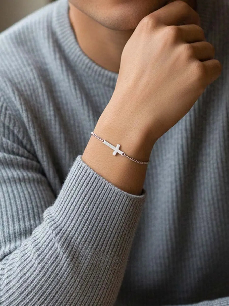 Sideways Cross Bracelet — Men's Stainless Steel Curb Chain