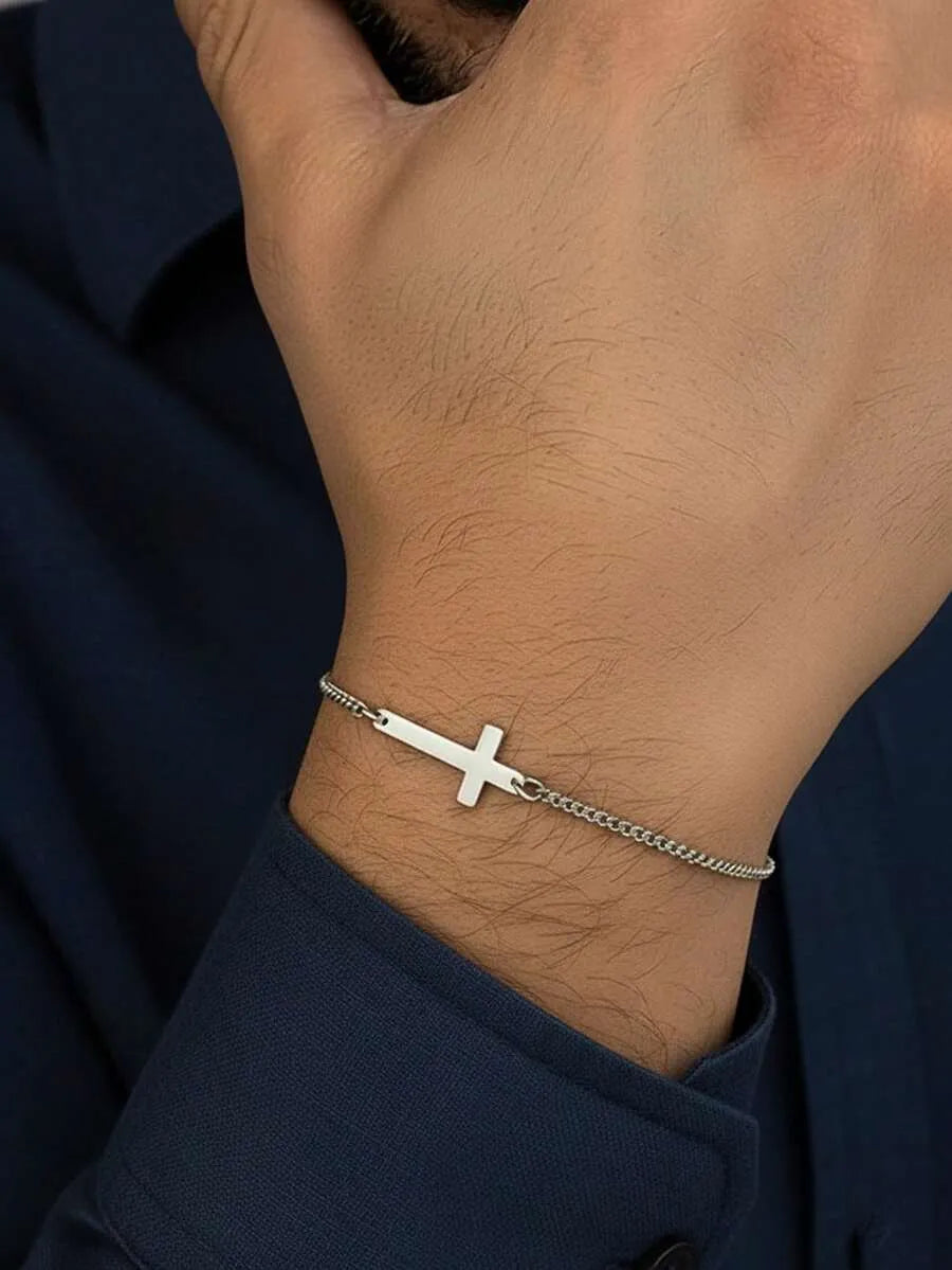 Sideways Cross Bracelet — Men's Stainless Steel Curb Chain